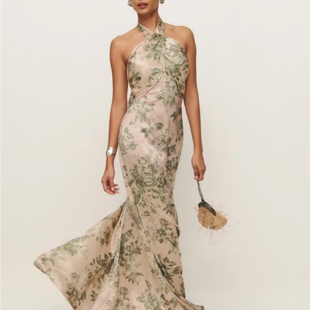 Reformation One-Shoulder Halter Gown - Blush Pink & Olive